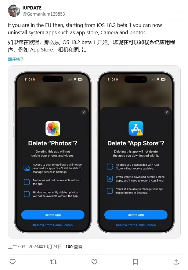 乐清苹果手机维修分享iOS 18.2 支持删除 App Store 应用商店 