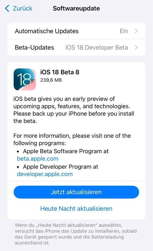 乐清苹果手机维修分享苹果 iOS / iPadOS 18 开发者预览版 Beta 8 发布 